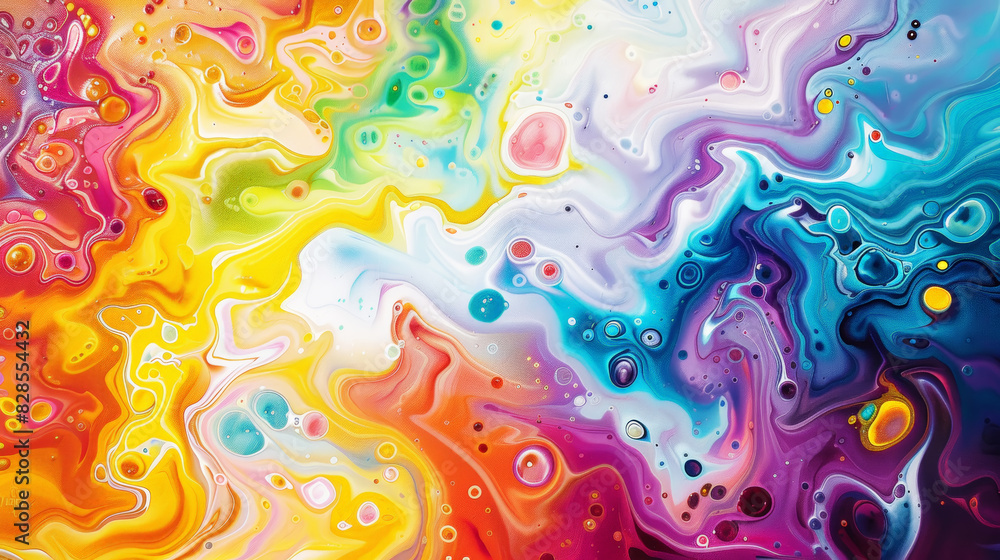 Fototapeta premium Fluid forms made of acrylic pouring with bright colours, iridescent background. Generative AI