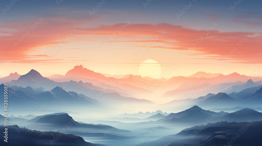 A breathtaking sunrise over distant mountain ranges, casting a warm glow across the misty landscape in a serene, tranquil scene.
