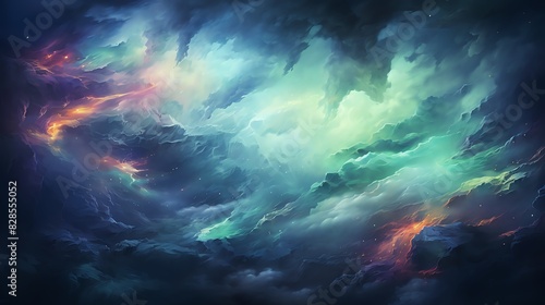 Vibrant and ethereal abstract artwork depicting swirling cosmic clouds in vivid colors, creating a mesmerizing and otherworldly scene.