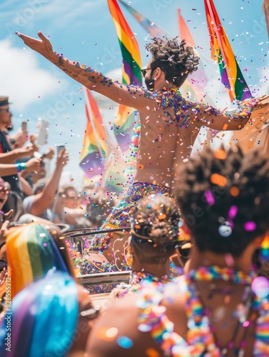 parade float decorated with rainbow flags, diverse crowd cheering, lively celebration, street festival photo