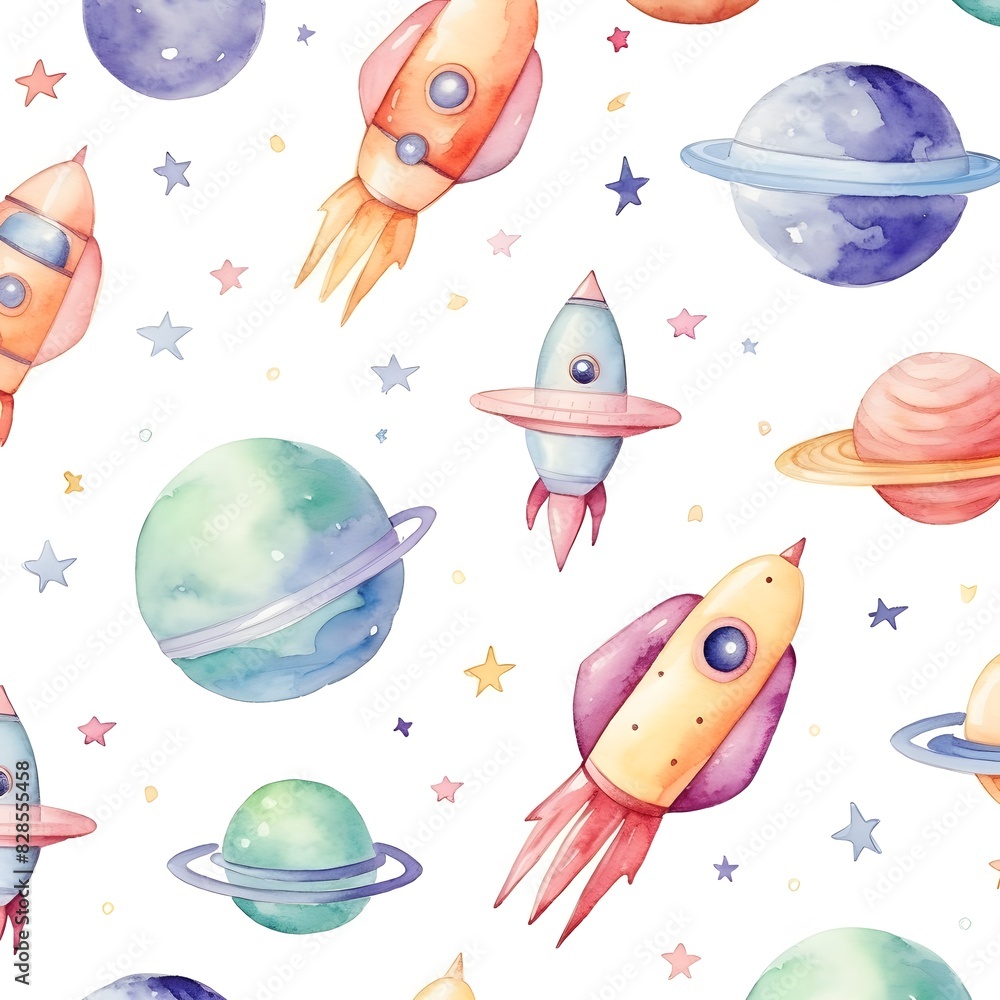 Watercolor pattern with planets and stars Watercolor pattern with planets and stars