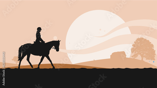 Horse riding, girl riding a horse on the background of a rural landscape - banner, vector illustration
