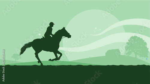 Horse riding, girl riding a horse on the background of a rural landscape - banner, vector illustration