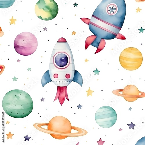 Watercolor pattern with planets and stars