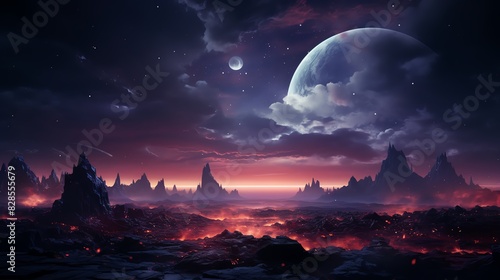 Surreal alien landscape with a distant planet and rugged terrain  glowing under a purple sky  evoking otherworldly mysteries.