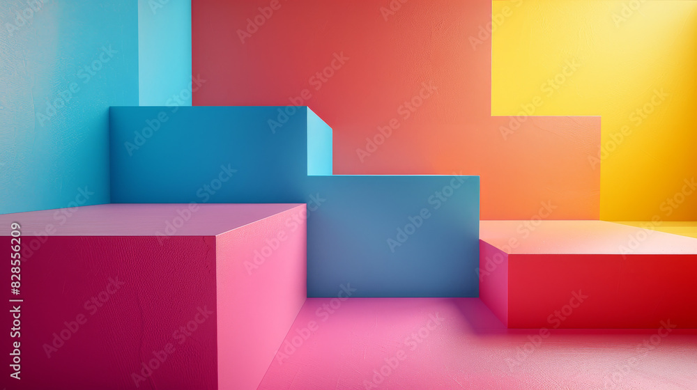 A colorful wall with a series of pink, blue, and yellow cubes A colorful wall with a series of pink, blue, and yellow cubes