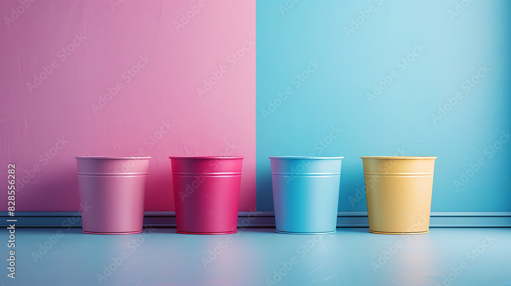 Four plastic cups are lined up against a blue wall Four plastic cups are lined up against a blue wall