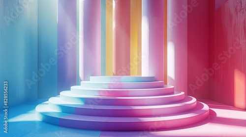 A colorful room with a pink and blue staircase