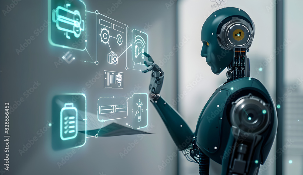 A Robot AI in a teal shirt is touching an icon of medical equipment on transparent glass, with three other icons showing gears and documents floating next to it. A Robot AI in a teal shirt is touching an icon of medical equipment on transparent glass, with three other icons showing gears and documents floating next to it.