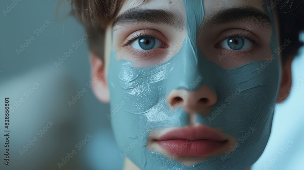 A young man with a blue face mask. A young man with a blue face mask.