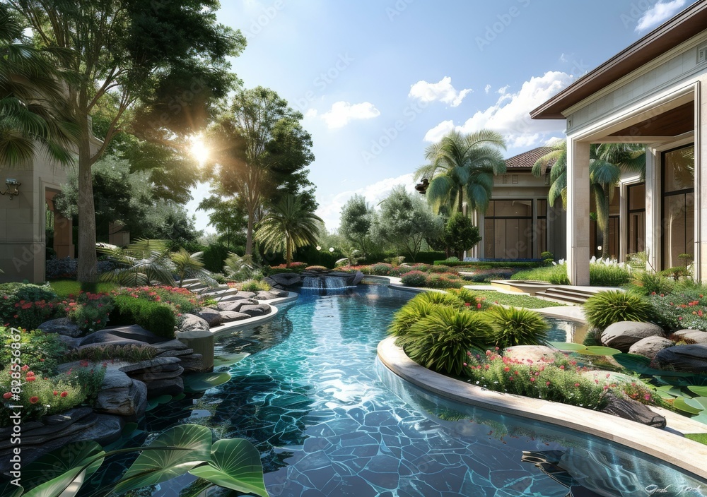 Courtyard with swimming pool and tropical plants