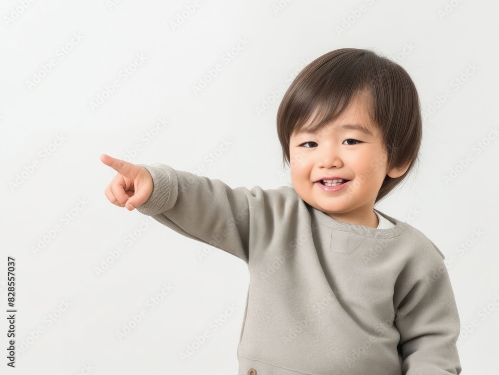 A young boy pointing at something while wearing a grey sweatshirt. A young boy pointing at something while wearing a grey sweatshirt.
