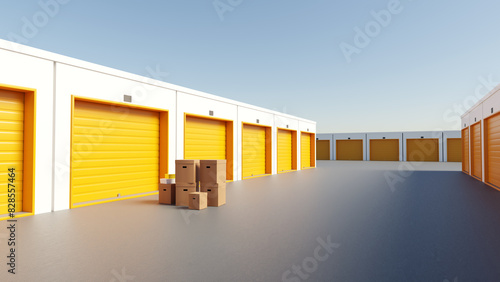 Self storage spaces. Garages for safekeeping. Separate outdoor storage areas. Self storage spaces behind orange gates. Boxes near entrance to garage warehouse. Rent storehouse unit. 3d image