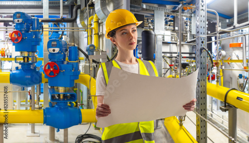 Woman factory contractor. Girl engineer with papers. Lady manager of manufactory. Gas pipes behind woman. Engineer inspects boiler equipment. Female in industrialist uniform. Industrial technologist photo