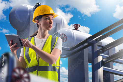 Woman near gas equipment. I...