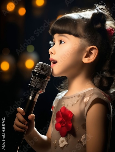 A little girl singing into a microphone. photo