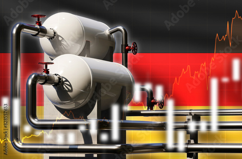 Gas supplies to Germany. Price growth chart. Tanks on gas pipeline. Flag Germany. Chart growth in gas purchases by Germany. Fuel equipment. Petroleum pipes. Prices for energy resources. 3d image photo