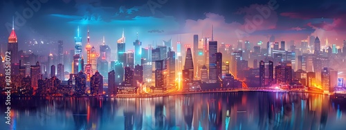 Futuristic City Skyline at Night with Neon Lights and Reflections © Steven