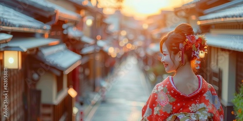A woman wearing a kimono is walking down a street in Kyoto, Japan. photo