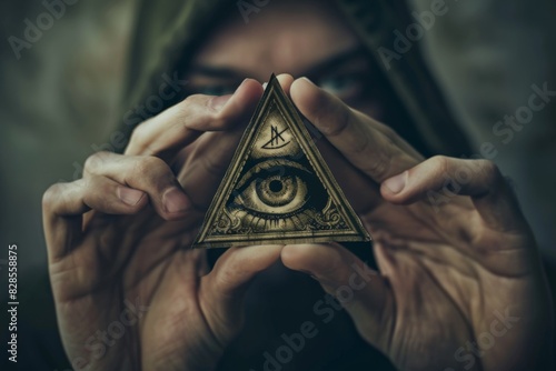 Someone holding a triangle with an eye in itб occult symbolism concept  photo