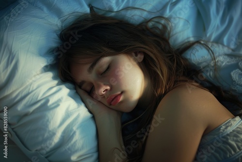 Young girl sleeping in a bed with her eyes closed