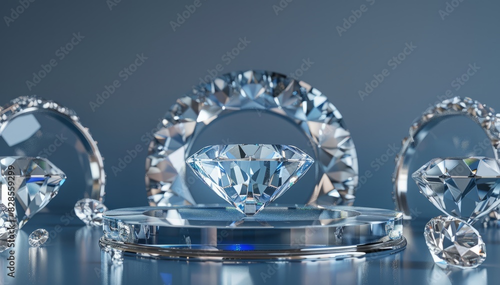 A luxurious crystal podium with diamond accents set against a blue backdrop, perfect for displaying high-end jewelry or cosmetics A luxurious crystal podium with diamond accents set against a blue backdrop, perfect for displaying high-end jewelry or cosmetics