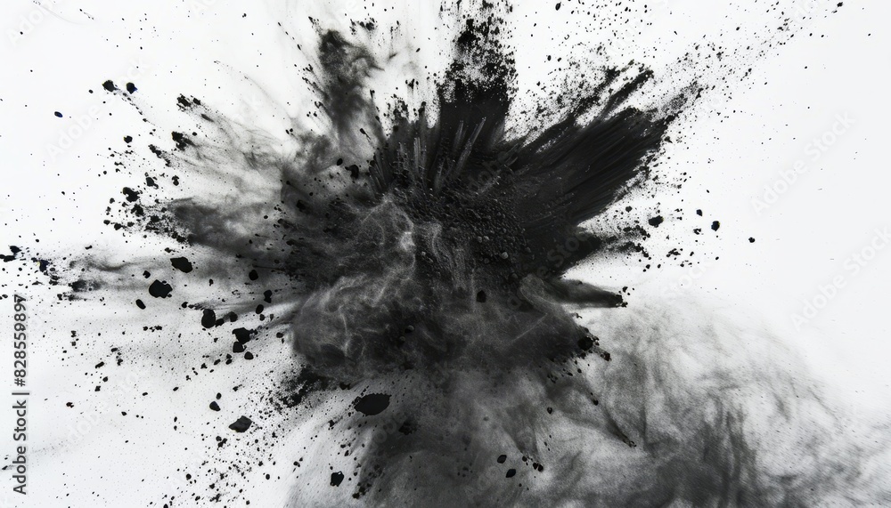 A dynamic scene of black charcoal powder exploding against a white background, creating an abstract and artistic visual effect suitable for dramatic presentations A dynamic scene of black charcoal powder exploding against a white background, creating an abstract and artistic visual effect suitable for dramatic presentations