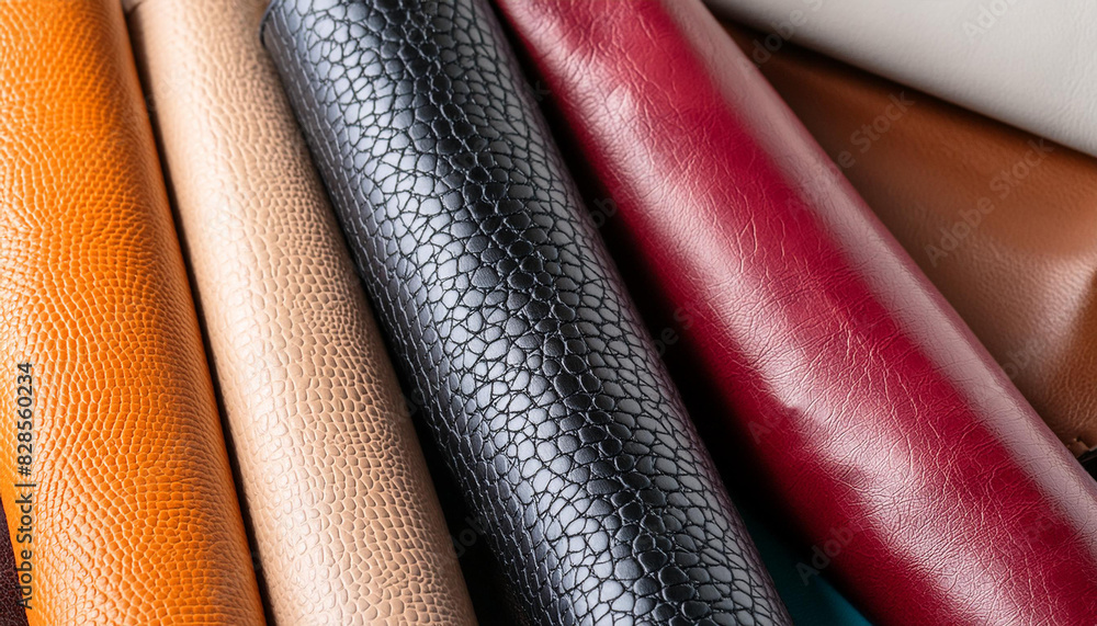 Multicolored leather rolls with diverse textures in a dynamic composition Multicolored leather rolls with diverse textures in a dynamic composition