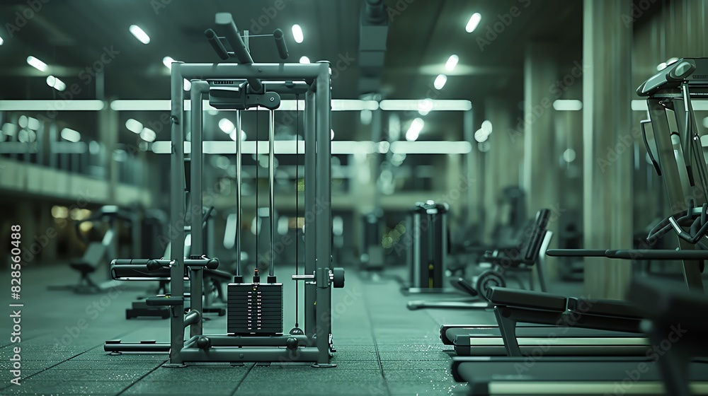 Fototapeta premium High resolution gym interior, exercise machines, clean sharp focus, contemporary fitness center design