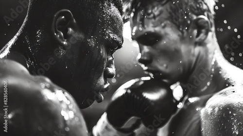 Group of men and women boxing, gritty gym setting, high contrast, Noir, Realistic photo