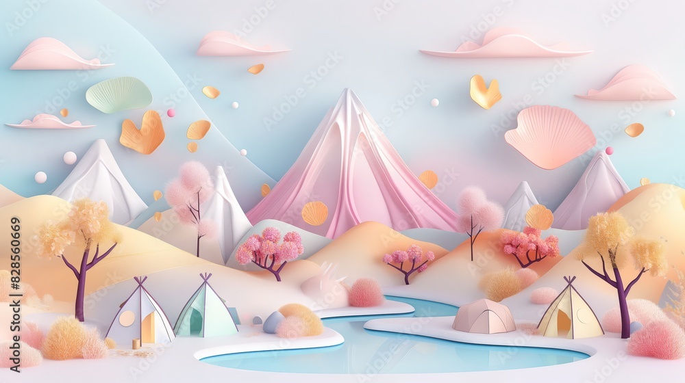Surreal pastel landscape featuring mountains, trees, and tents near a river, evoking a whimsical and dreamy atmosphere. Surreal pastel landscape featuring mountains, trees, and tents near a river, evoking a whimsical and dreamy atmosphere.