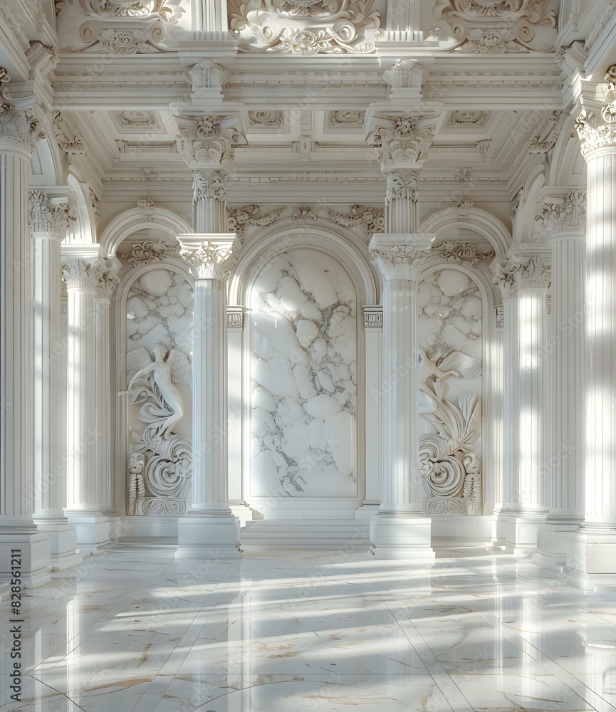 A long arched hallway with white marble bas-reliefs A long arched hallway with white marble bas-reliefs