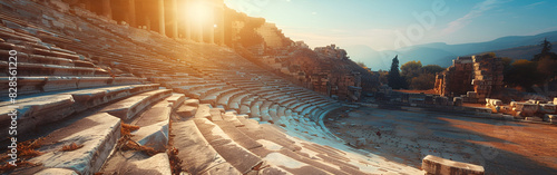 Ancient Greek amphitheate ancient world heritage history landmark sun on a background