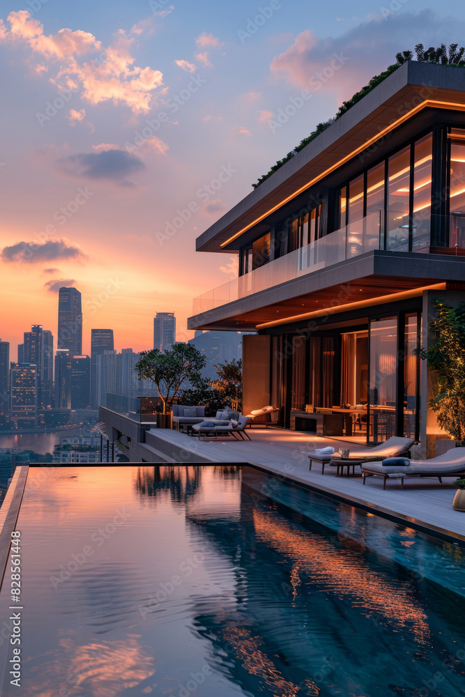 Sleek house with rooftop infinity pool overlooking city skyline. Sleek house with rooftop infinity pool overlooking city skyline.