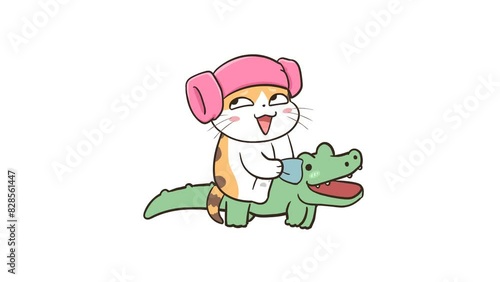 Animated Little Cat Sitting on Crocodile - White Background