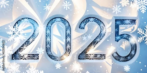 Shining numbers 2025 with snowflakes and falling snow. Happy New Year 2025.