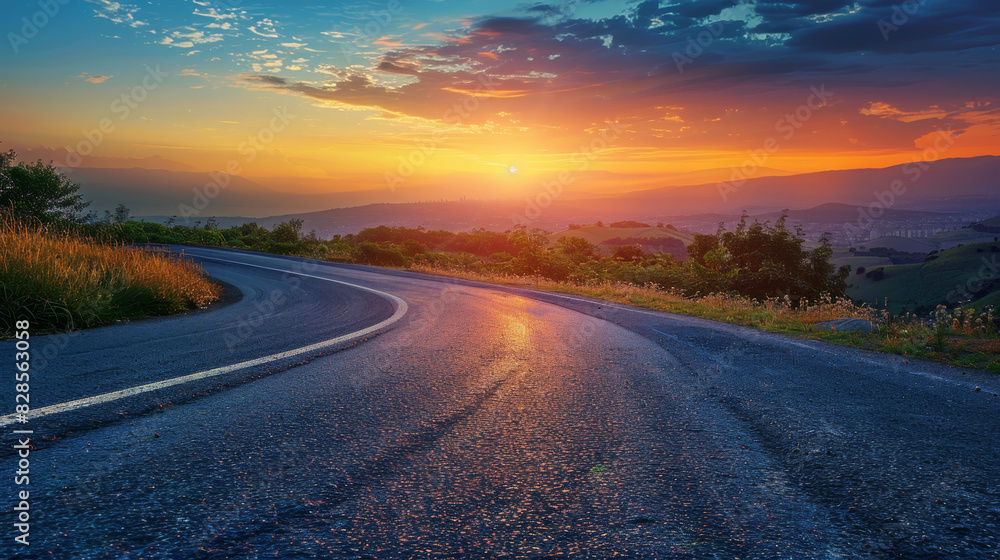 Breathtaking sunset view of a winding road leading to the city Breathtaking sunset view of a winding road leading to the city