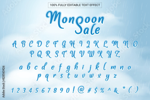 Monsoon Sale Font Style 3D Effect. Complete set of alphabet, number and symbol. Mobile Game and Fun Zone on ecommerce platform.
