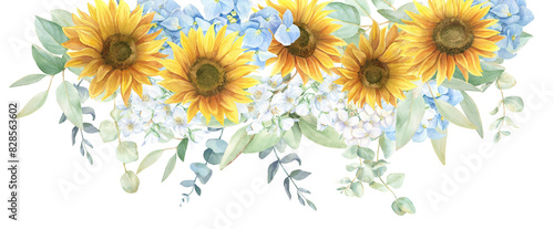 Watercolor sunflower bouquet, sunflower wedding border PNG, green leaves, yellow and blue colors, blue hydrangea, eucalyptus leaves