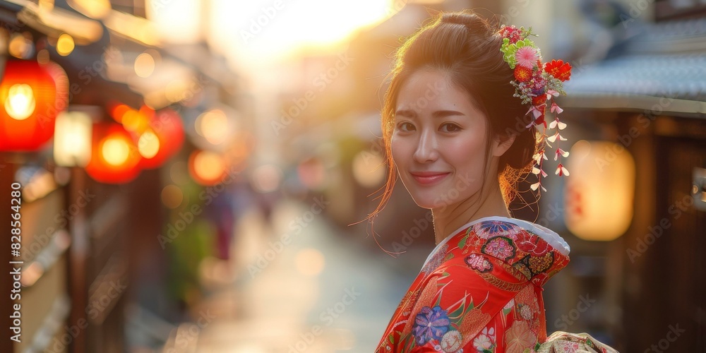 Smiling Japanese Woman in Traditional Kimono Walking Down a Street Smiling Japanese Woman in Traditional Kimono Walking Down a Street