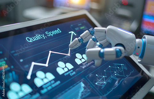 A Robot AI touching arrow graph up with text 