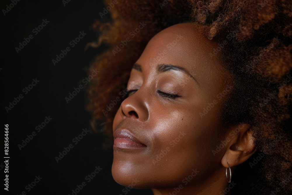 A close up of a black woman's face with her eyes closed looking to a side A close up of a black woman's face with her eyes closed looking to a side