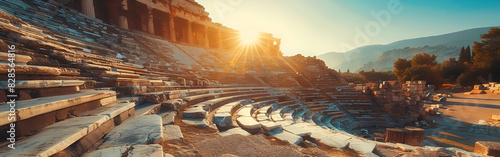 Ancient Greek amphitheater bathed in the warm glow archaeology sun on a background
 photo