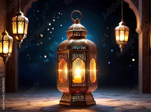 Islamic Background for Eid Mubarak Lantern Mosque Golden Crescent 3d clouds AI generated 