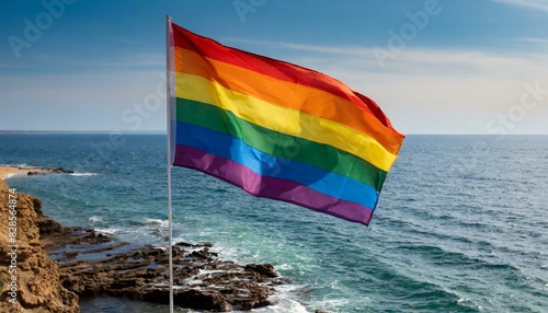 lgbt flag against ocean sea whater background, pride parade, lgbt pride month, fight against homophobia, tolerance, rally of many people, June 1 st