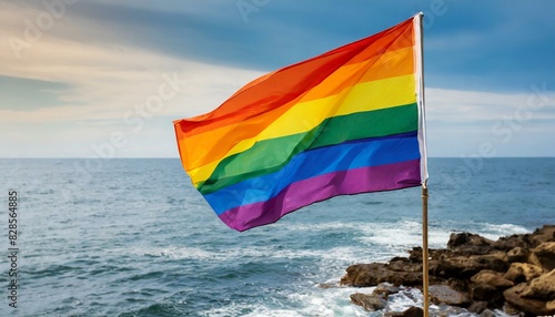 lgbt flag against ocean sea whater background, pride parade, lgbt pride month, fight against homophobia, tolerance, rally of many people, June 1 st