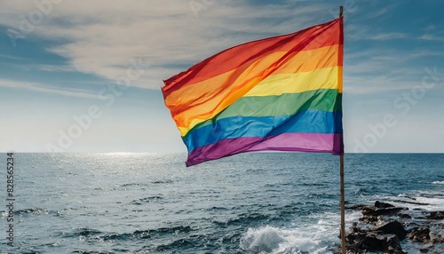 lgbt flag against ocean sea whater background, pride parade, lgbt pride month, fight against homophobia, tolerance, rally of many people