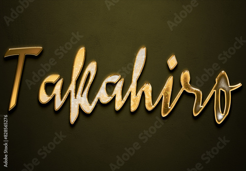 Old gold text effect of Japanese name Takahiro with 3D glossy style Mockup. photo