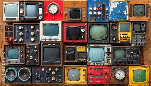 Collection of vintage televisions and electronics on a wooden surface.