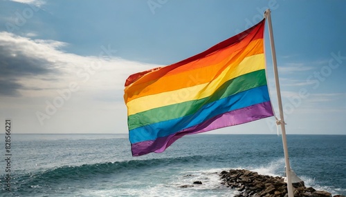 lgbt flag against ocean sea whater background, pride parade, lgbt pride month, fight against homophobia, tolerance, rally of many people